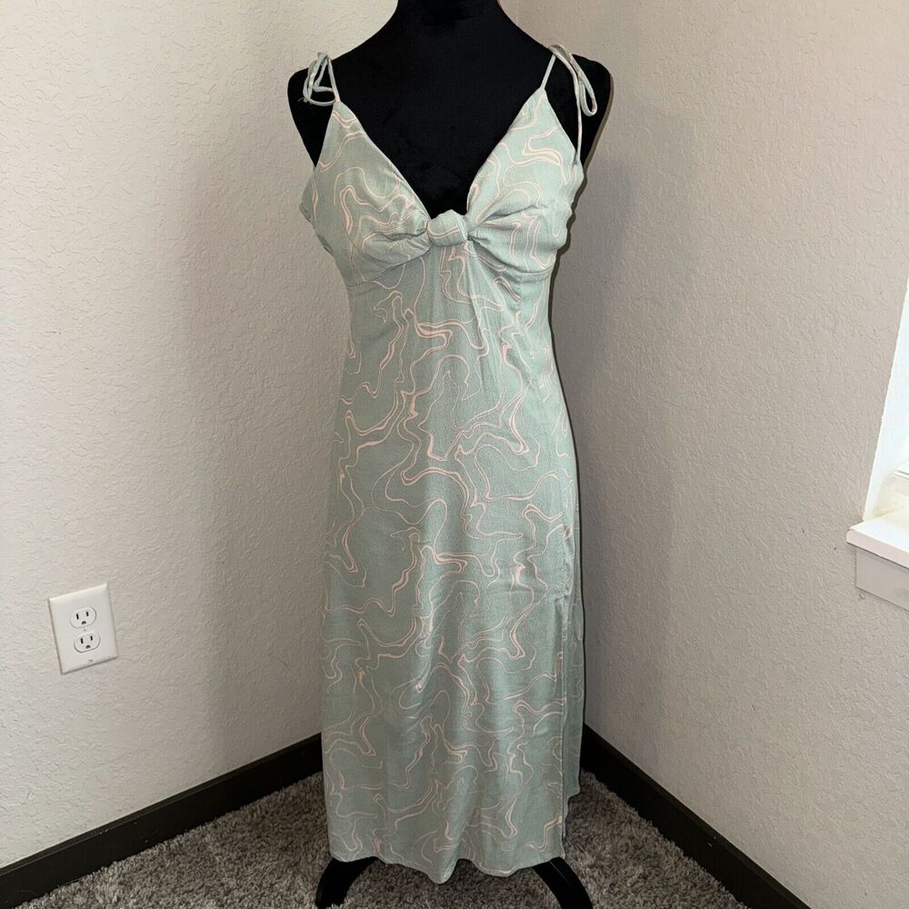 Lush Midi Dress Women's Medium Sage Pink Swirl Twist Front Side‎ Slit Back Zip